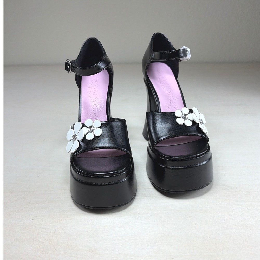 Sugar Thrillz Black Daisy Platform Sandals Chunky Heel Y2K Dollcore Floral size7